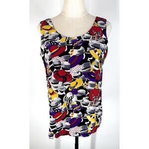 Vintage FY2 Silk Blouse Sz L Reversible Tank Top Colorful Hats Or Polkadots 90’s